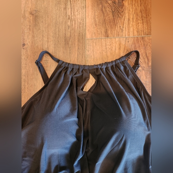 Aqua Green- Black Swimsuit Romper High Neck Swim Keyhole With Pockets OnePiece - Picture 8 of 8